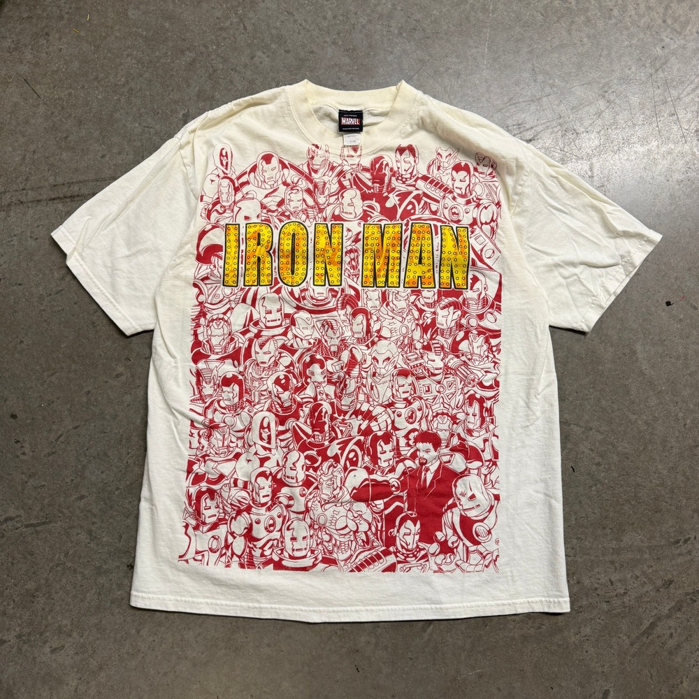 Marvel Iron Man Mad Engine Graphic T-Shirt Mens XL Cream Red‎ All Over Print Tee